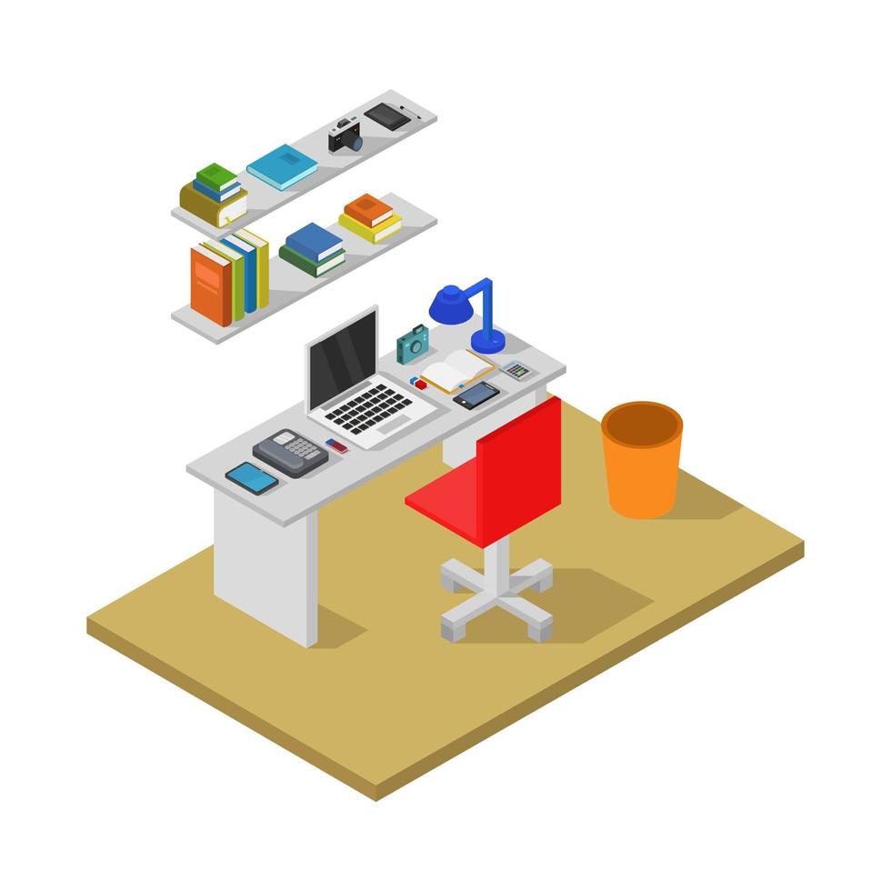 Isometric Office Desk On White Background vector