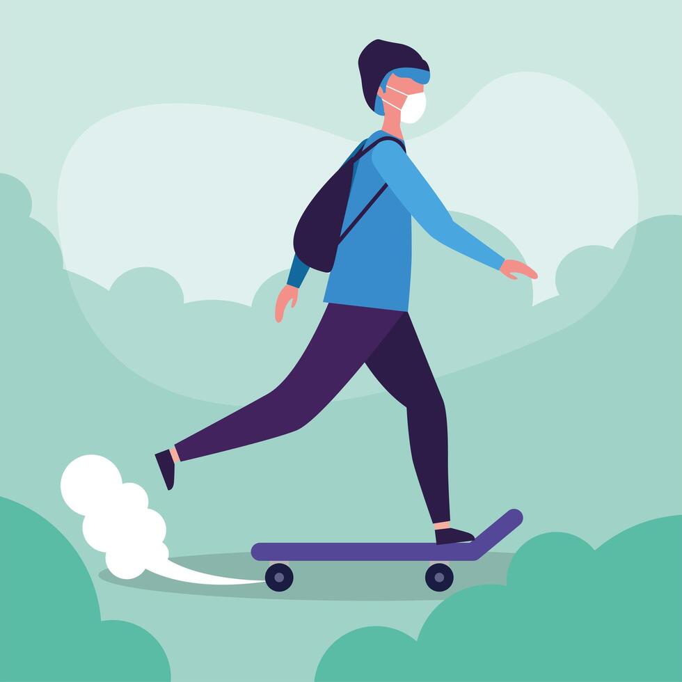 Hombre con máscara médica en diseño vectorial de patineta vector