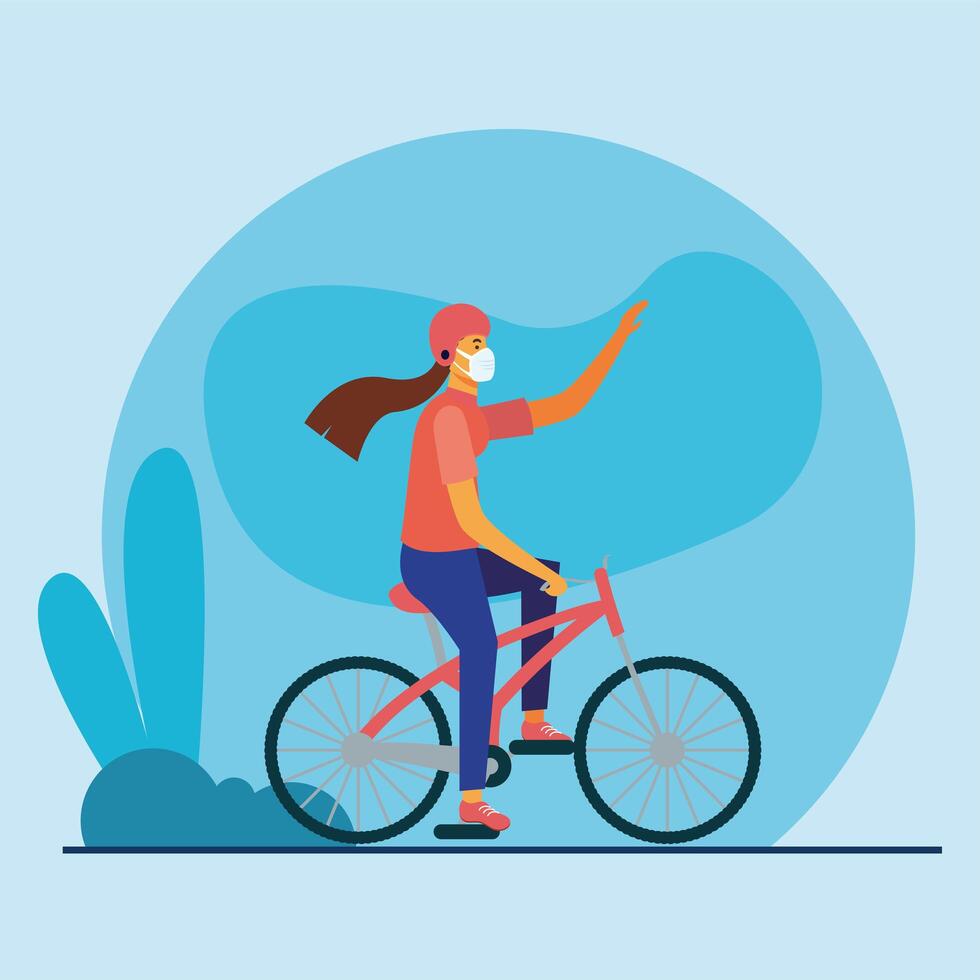 Mujer con máscara médica en diseño vectorial de bicicleta vector