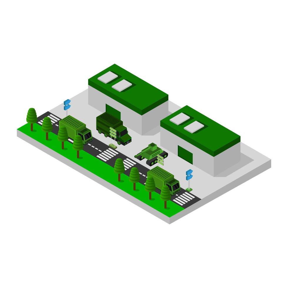 Cuartel militar isométrico ilustrado en vector sobre fondo blanco.