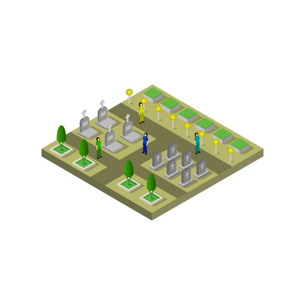 Isometric Cemetery Illustrated In Vector On White Background