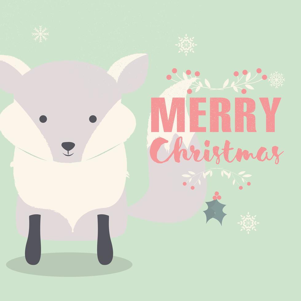 Merry Christmas lettering postcard with cute polar baby fox vector