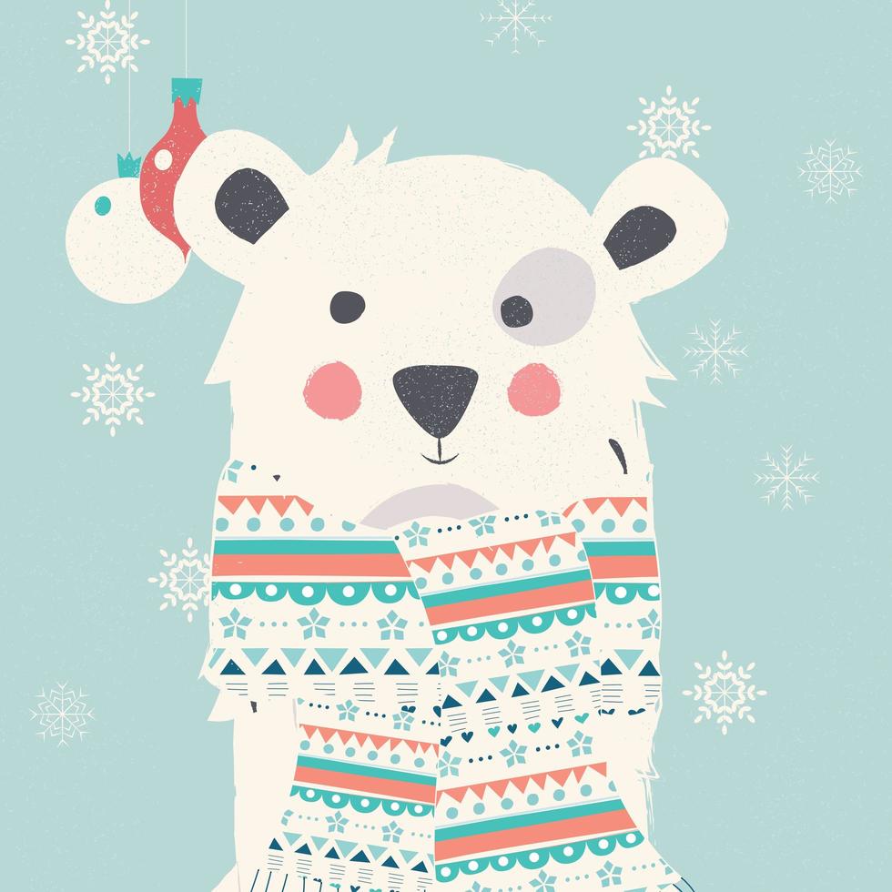 Merry Christmas postcard with polar white bear wearing scarf vector