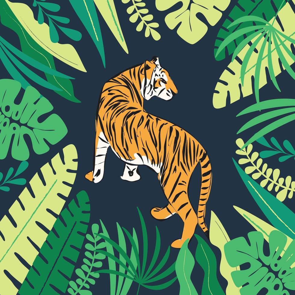 hand drawn tiger with exotic tropical leaves, flat vector illustration