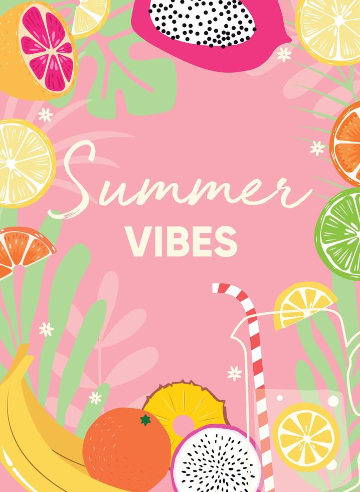 diseño de frutas con lema de tipografía de vibraciones de verano y fruta fresca y limonada vector