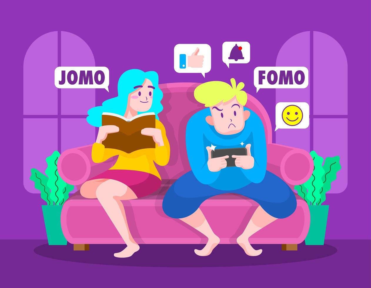 fomo vs jomo ilustraciones vector