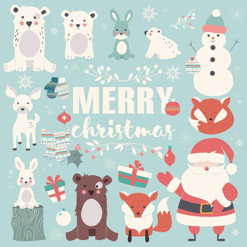 Collection of Christmas animals, lettering and Santa Claus, Merry Christmas vector