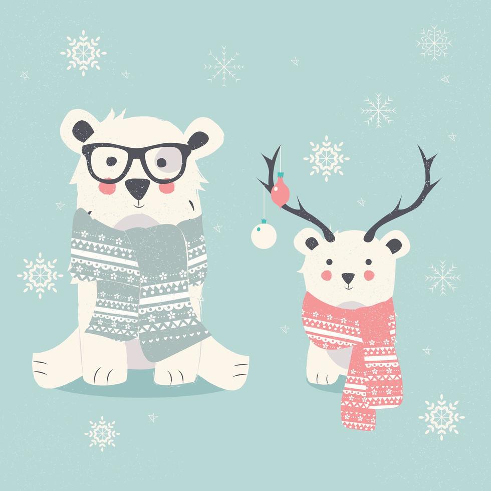 postal de feliz navidad con dos osos polares, hipster y cachorro vector