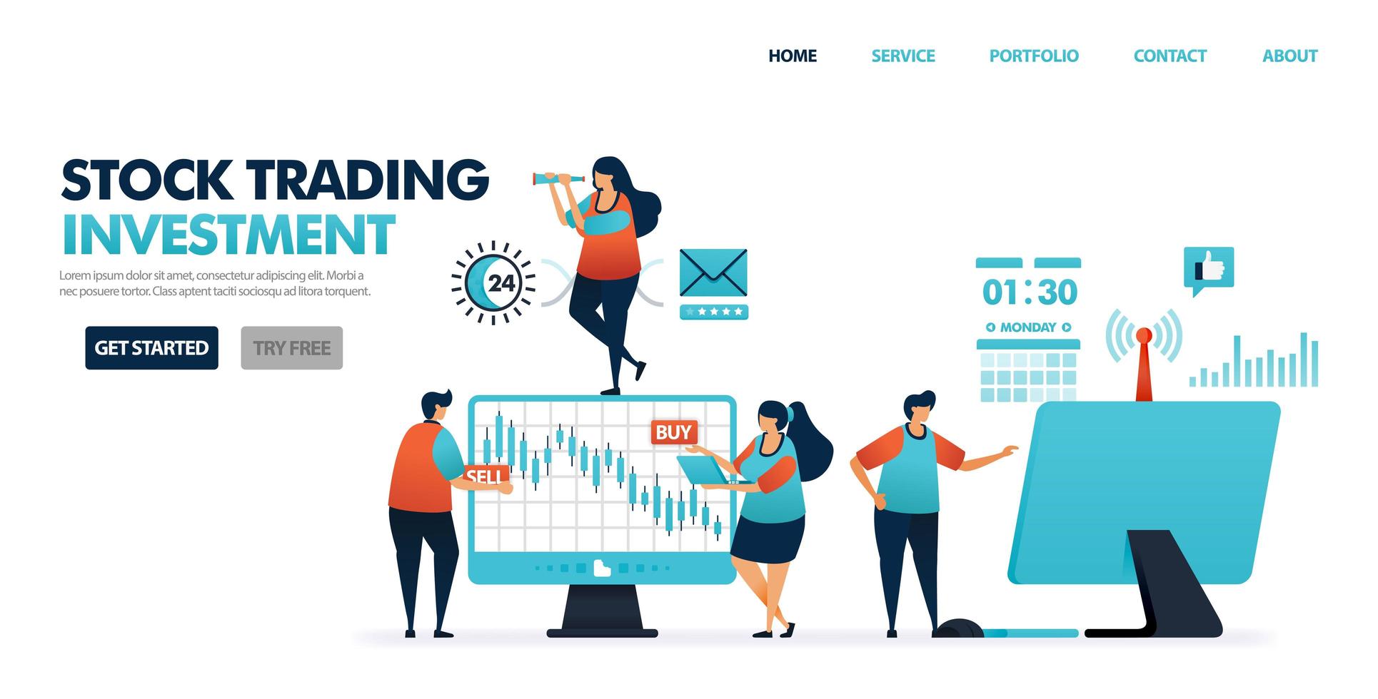 Stock trading is investment products. Return of invetment profits in stock dividend. Easy invest with mutual funds. Apps for commodity and money market. Illustration for website, mobile apps, poster vector