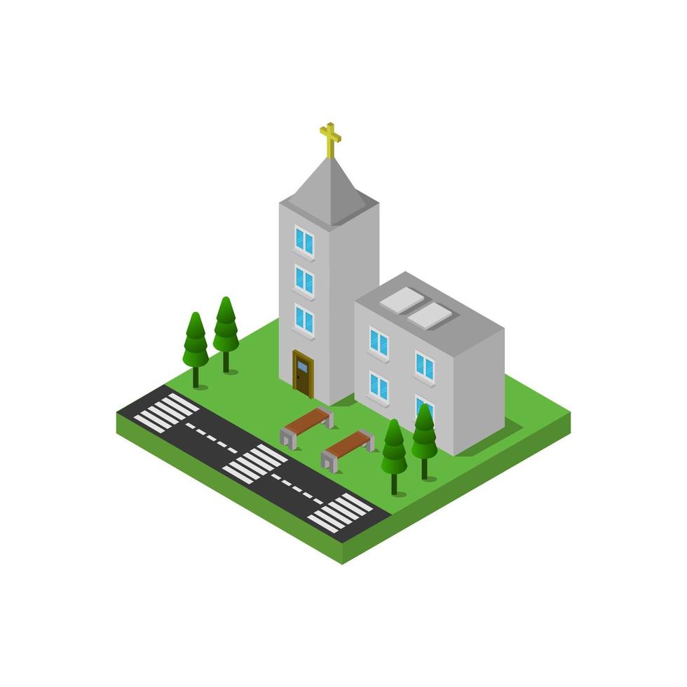 Iglesia isométrica ilustrada en vector sobre fondo blanco.