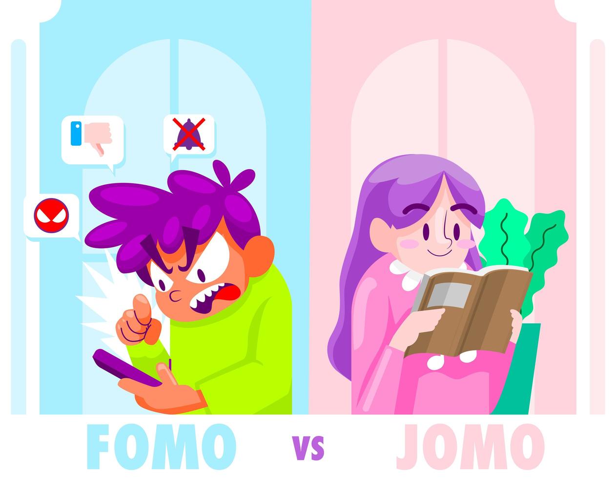 FOMO and JOMO cartoon illustration vector