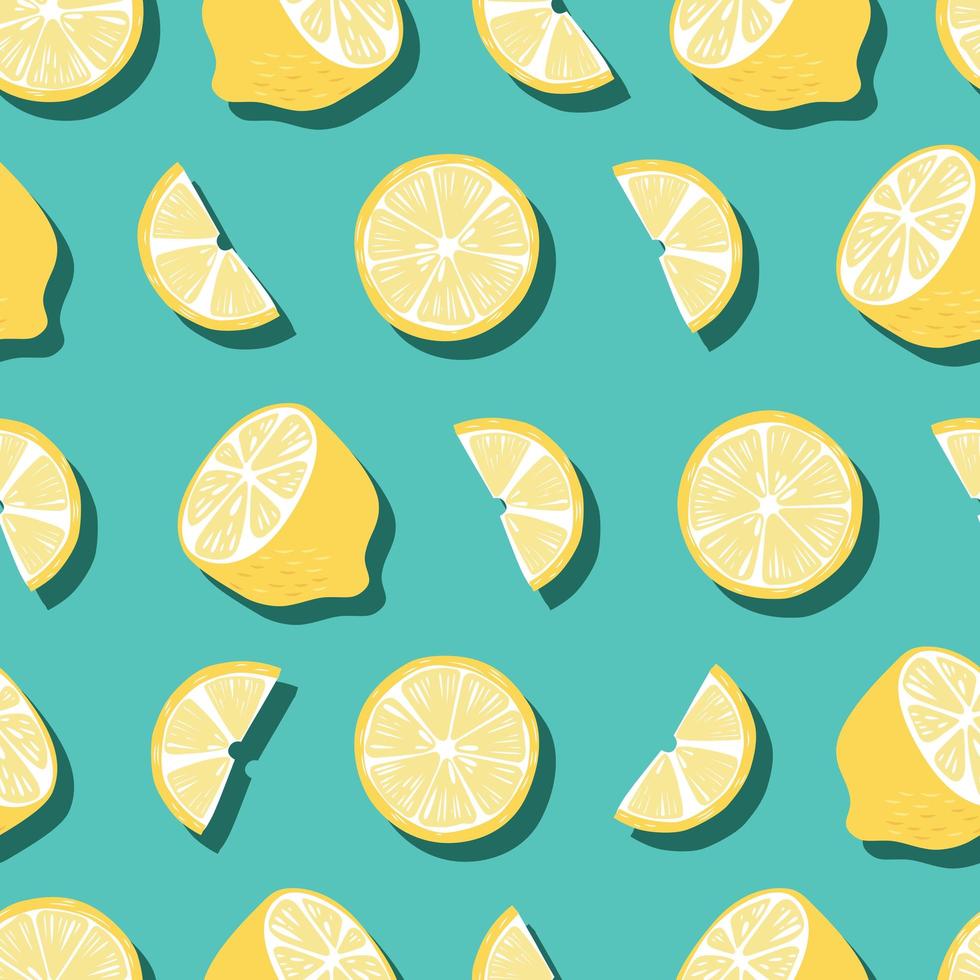 Fruit seamless pattern, lemons with shadow on bright green background vector