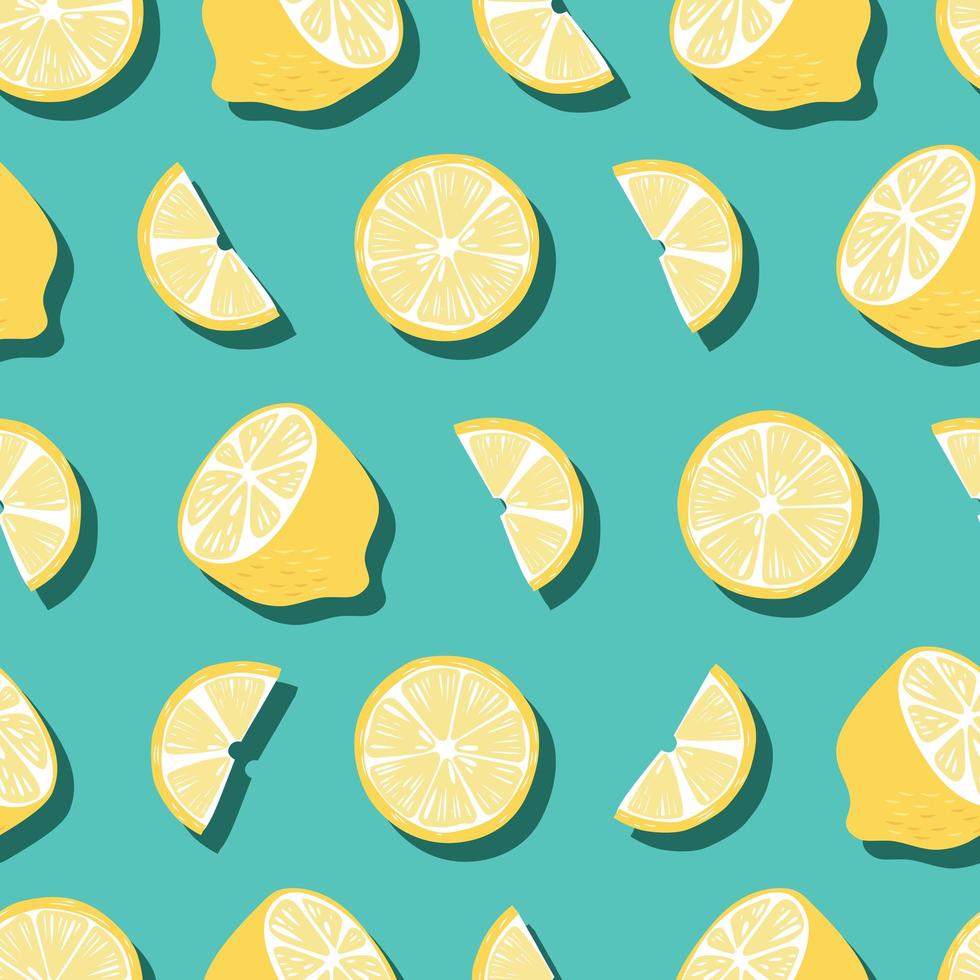 Fruit seamless pattern, lemons with shadow on bright green background ...