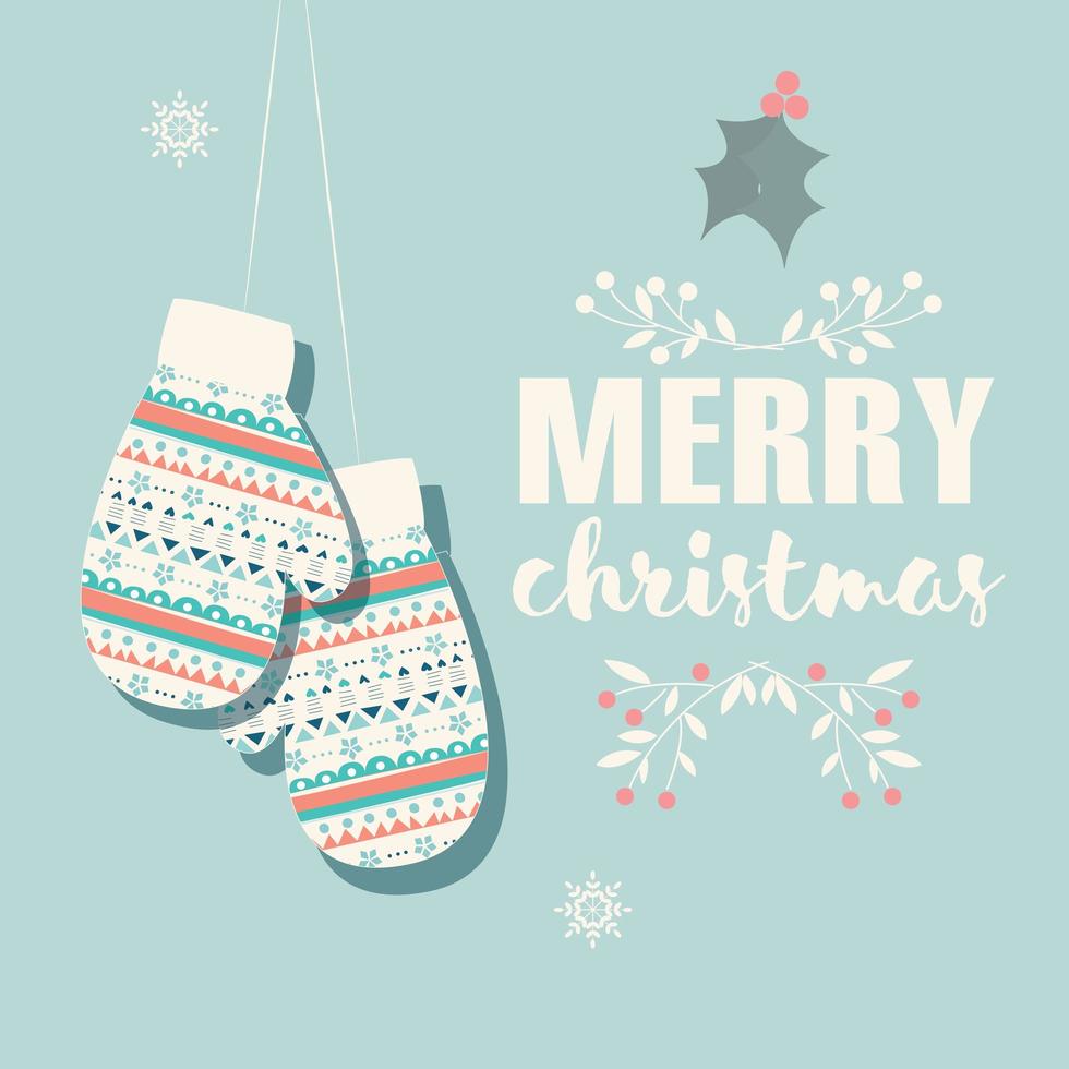 Merry Christmas postcard with mittens and decoration vector