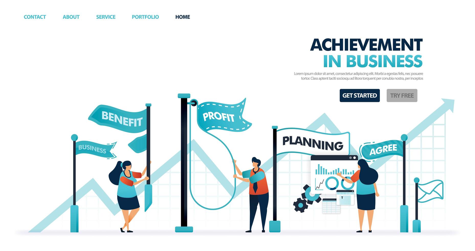 Achievement and goals in business and company development. Progress process in increase business, corporate career, company. Flag for goals achieved . Illustration for website, mobile app, poster vector