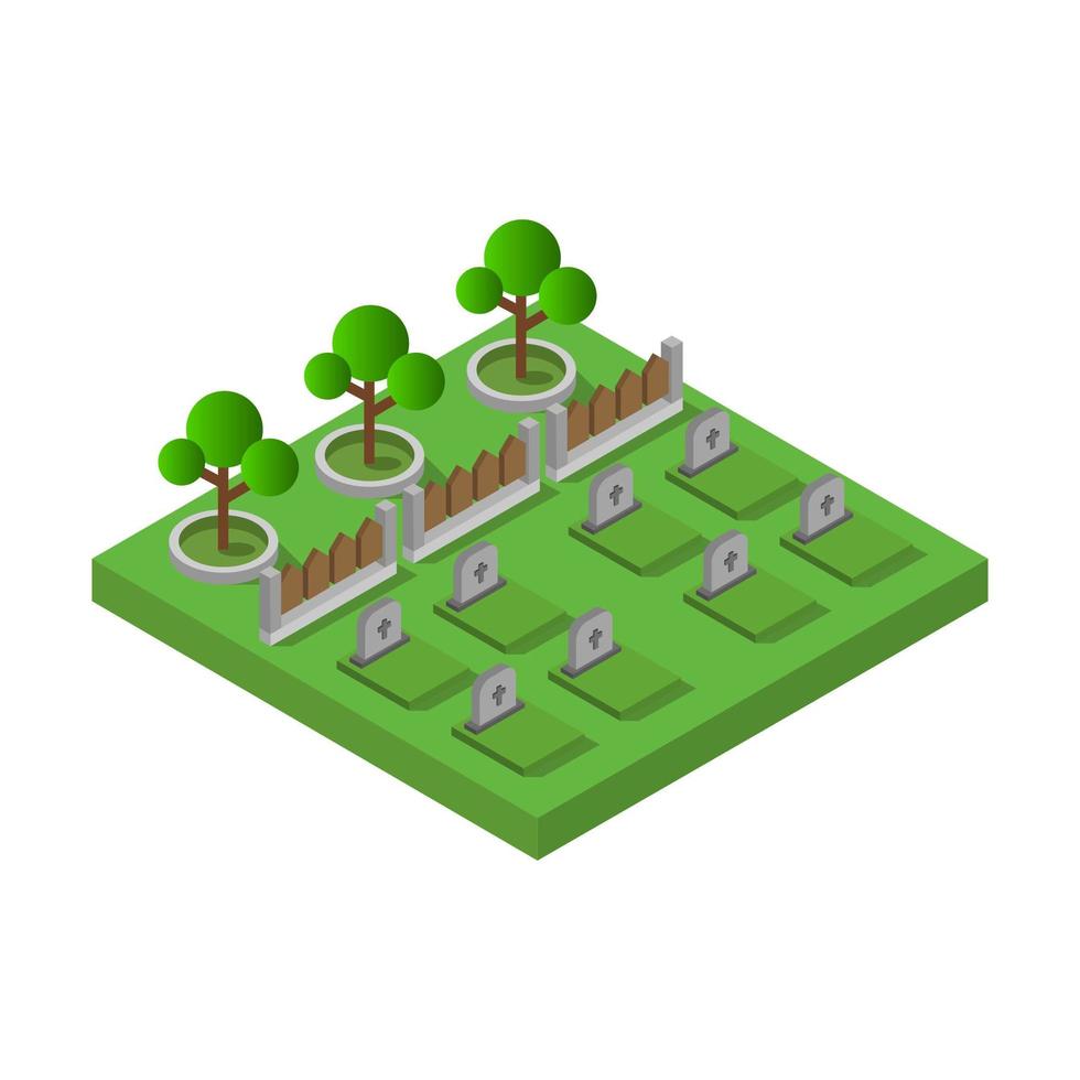 Isometric Cemetery Illustrated In Vector On White Background