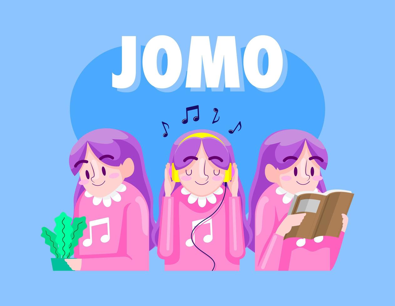 JOMO Cartoon illustration, Joy of missing out vector