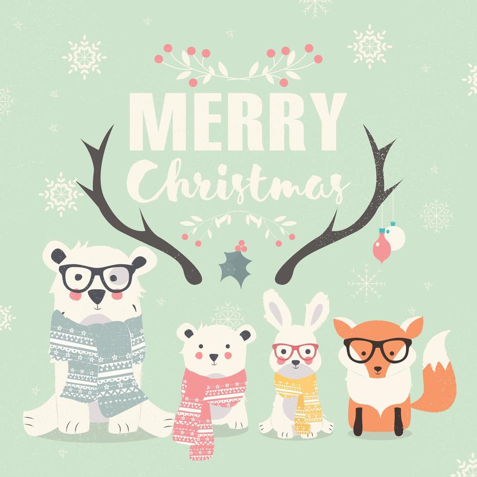 Merry Christmas lettering with hipster polar bears, fox and rabbit vector
