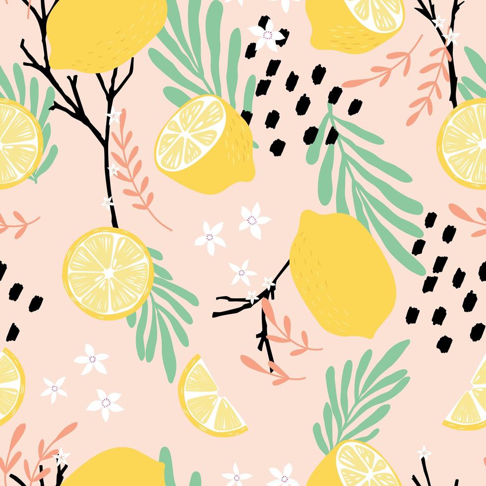 Fruit seamless pattern, lemons with branches, leaves and flowers vector