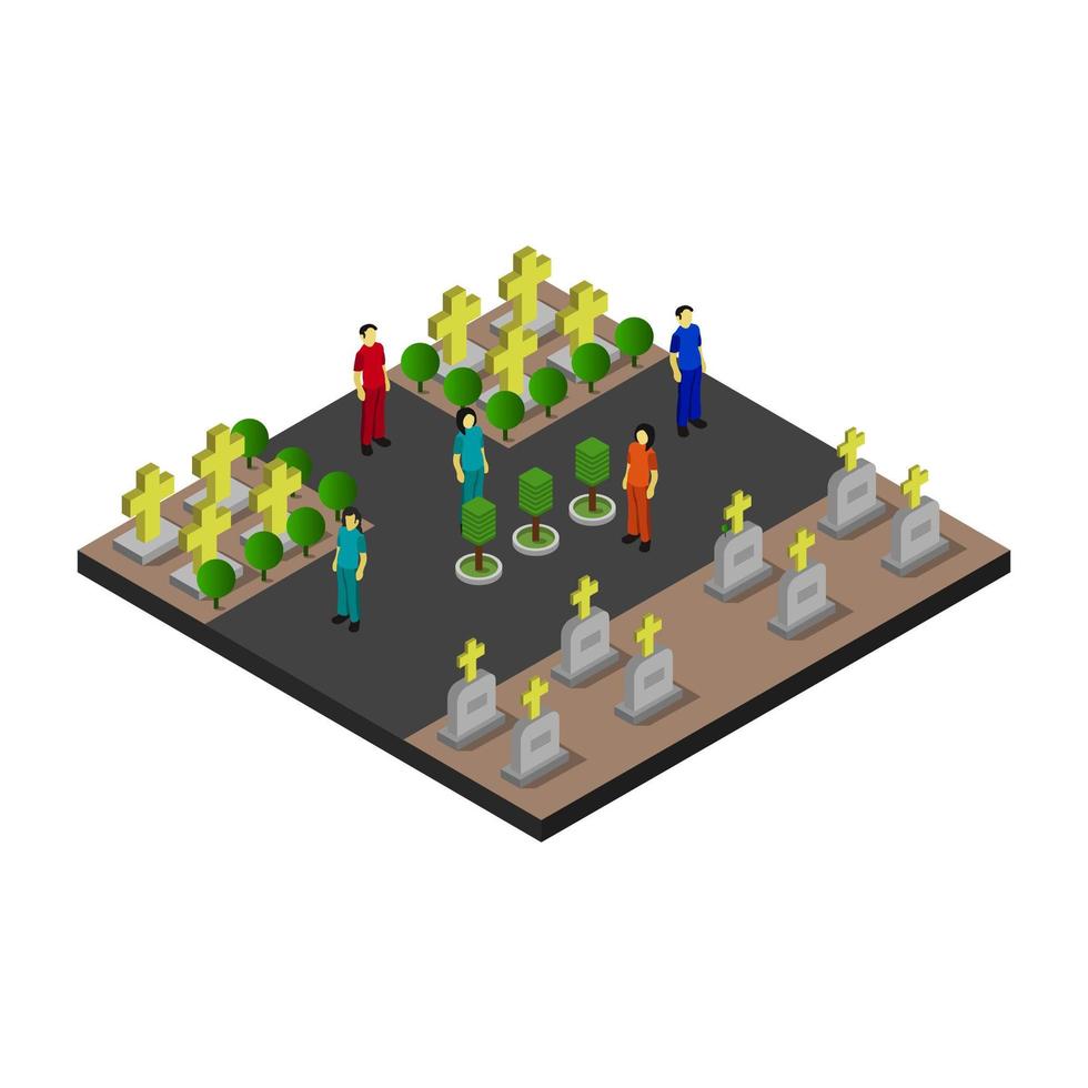 Isometric Cemetery Illustrated In Vector On White Background