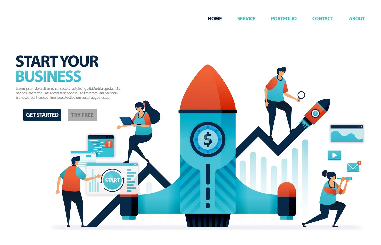 Start a business with planning profit and benefit strategy to community. Launch startup to help solve social problem . launch a rocket into space. Human illustration for website, mobile and poster vector