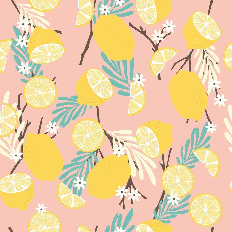 Fruit seamless pattern, lemons with branches, tropical leaves and flowers vector