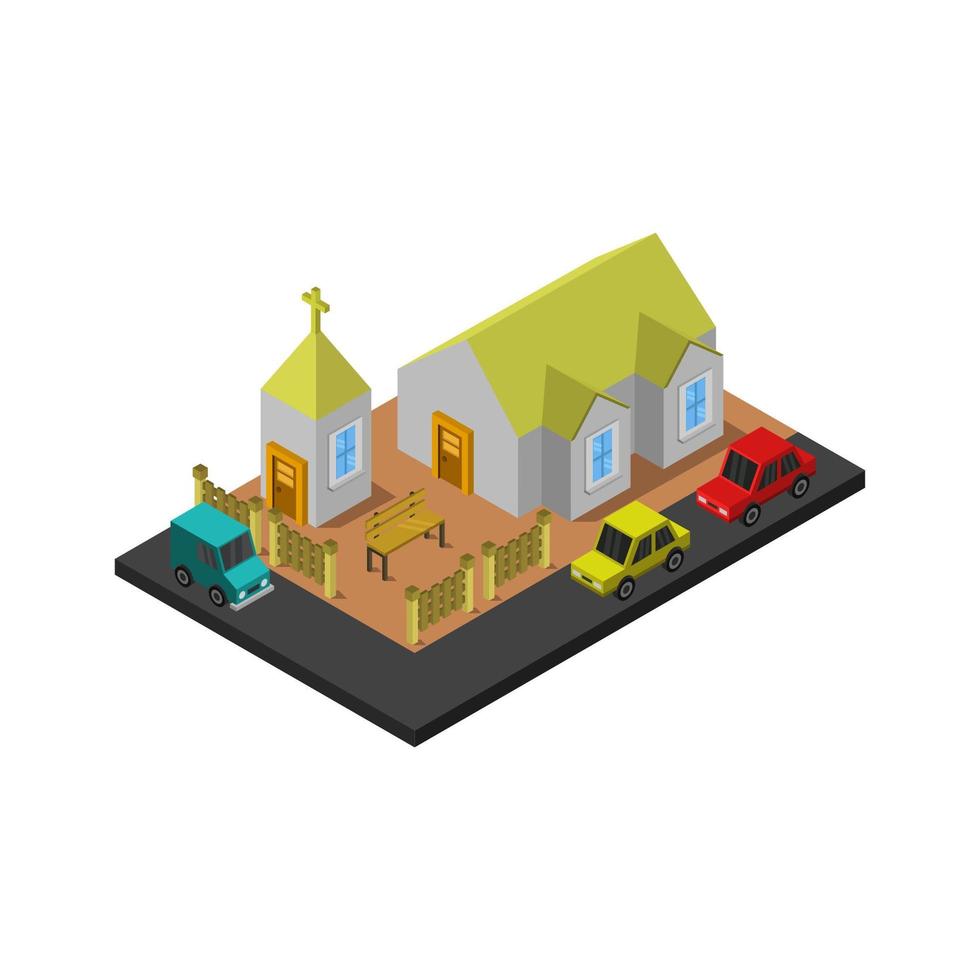 Iglesia isométrica ilustrada en vector sobre fondo blanco.