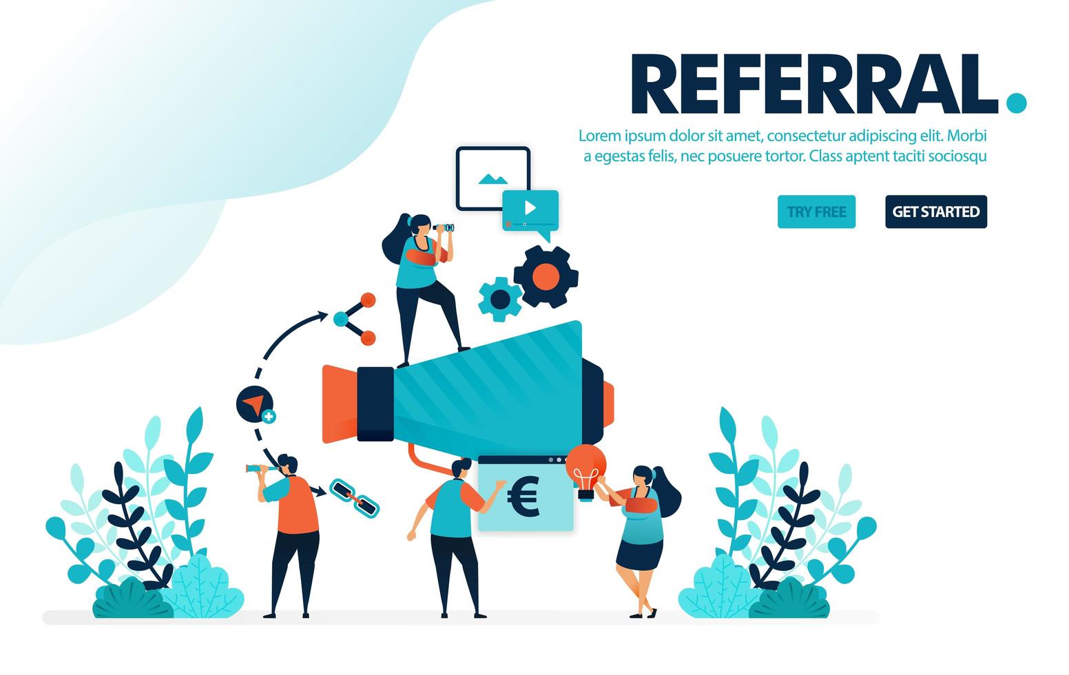 Vector illustration referral program. People join referral programs for marketing and promotion. Refer a friend with megaphone. Designed for landing page, web, banner, mobile, template, flyer, poster