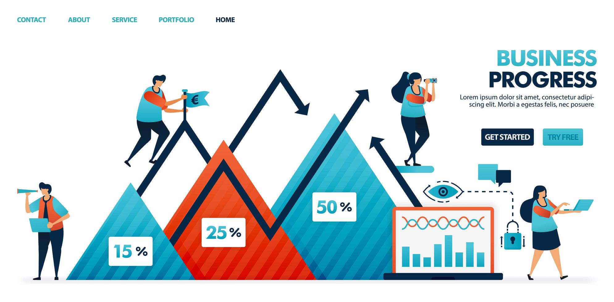 Informe del paso de avance en el plan de estrategia empresarial y empresarial. gráfico en los negocios. los beneficios de la empresa en un gráfico triangular. crecimiento y desarrollo de la empresa. Ilustración humana para sitio web, móvil, póster. vector