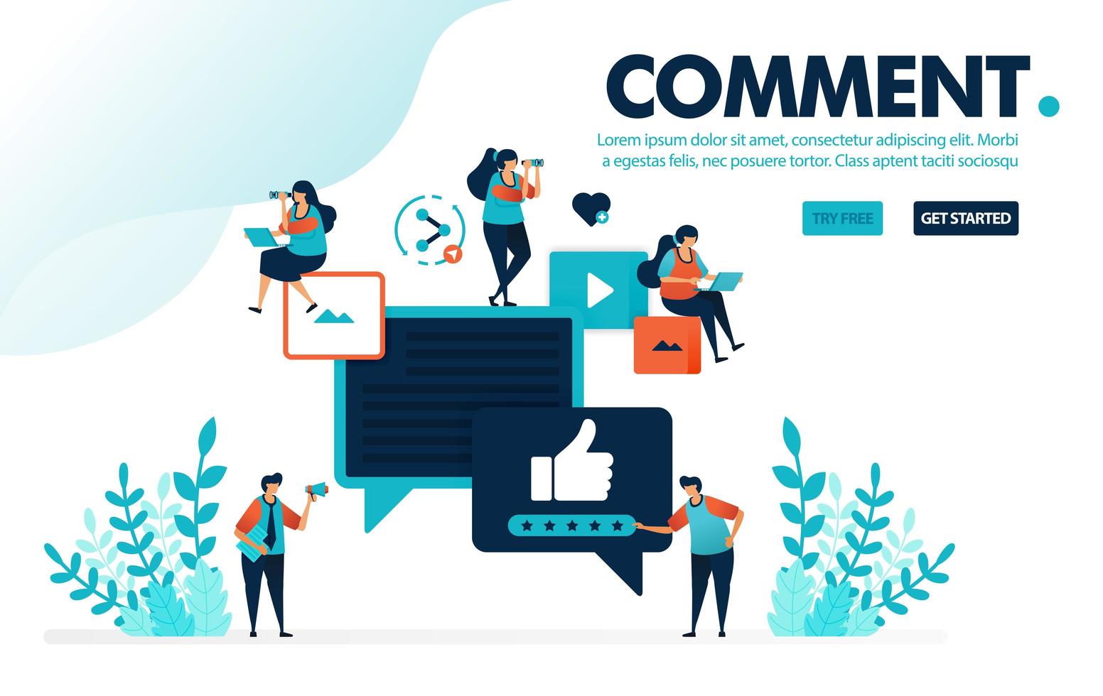 vector illustration comments thumb up. people give like and thumb up for comments and content. rating for video and image. designed for landing page, web, banner, mobile app, template, flyer, poster