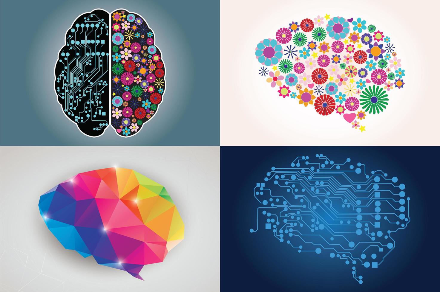 Collections of four different human brains, left and right side, creativity and logic vector