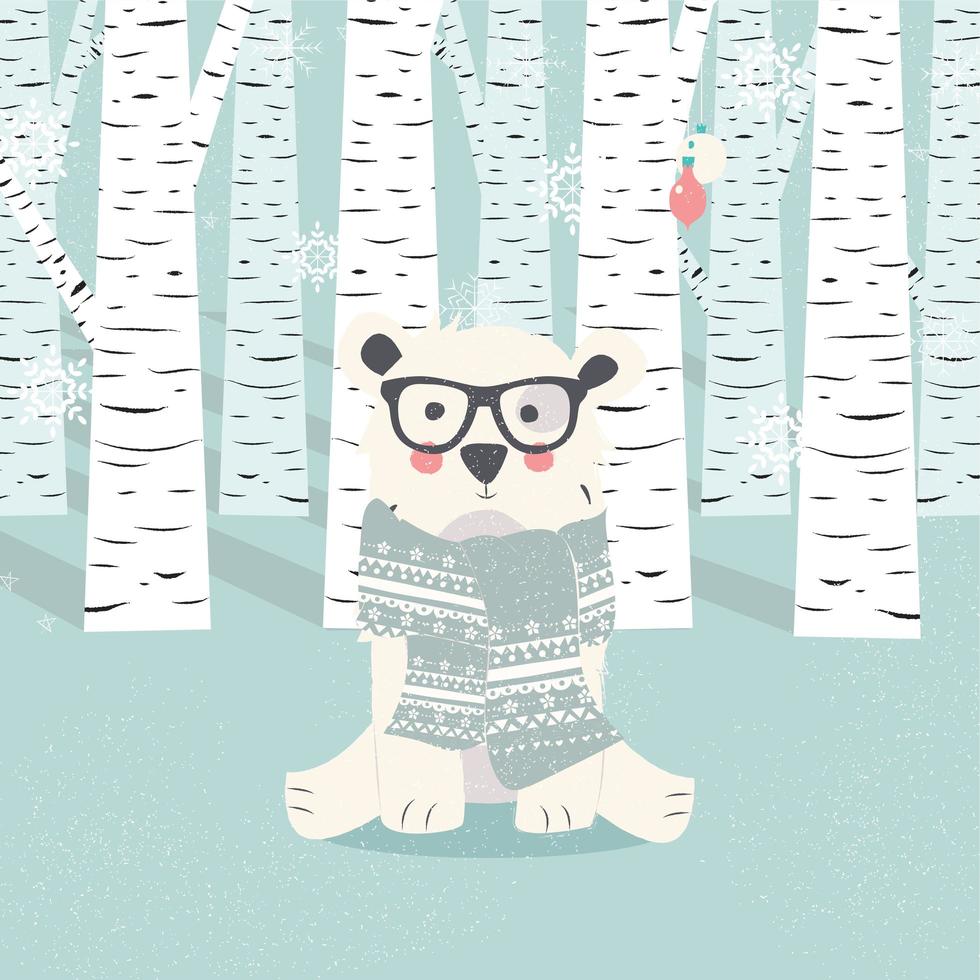 postal de feliz navidad con hipster oso blanco polar en el bosque vector