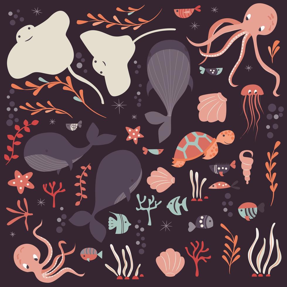 colección de coloridos animales marinos y oceánicos, ballenas, pulpos, mantarrayas vector