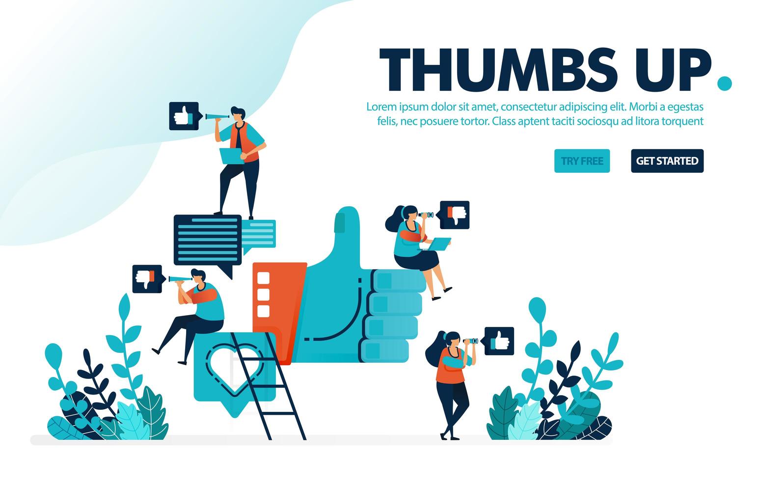 Vector illustration like thumbs up. People give a thumbs up, love and like for social media comments. Share opinions and feelings. Designed for landing page, web, banner, template, flyer, poster, ui