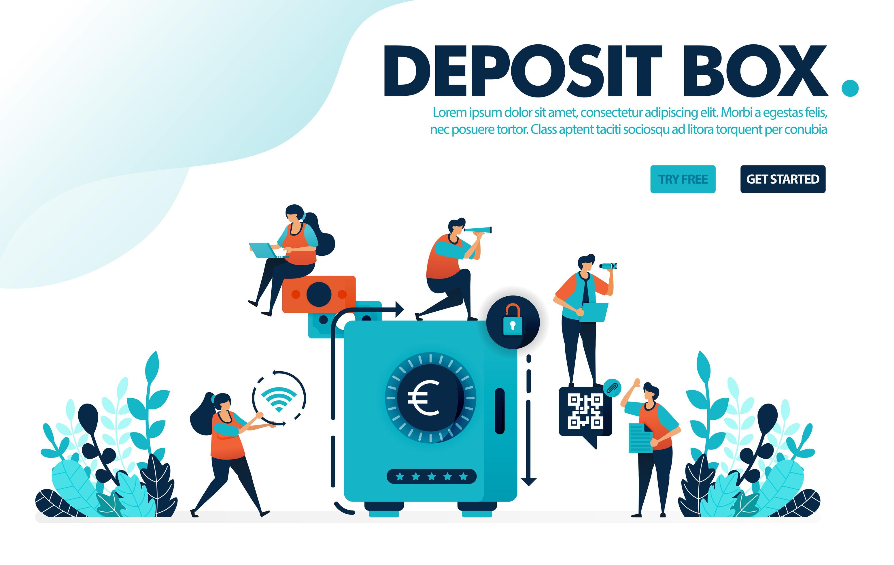 Vector illustration concept of safe deposit box. People secure and save