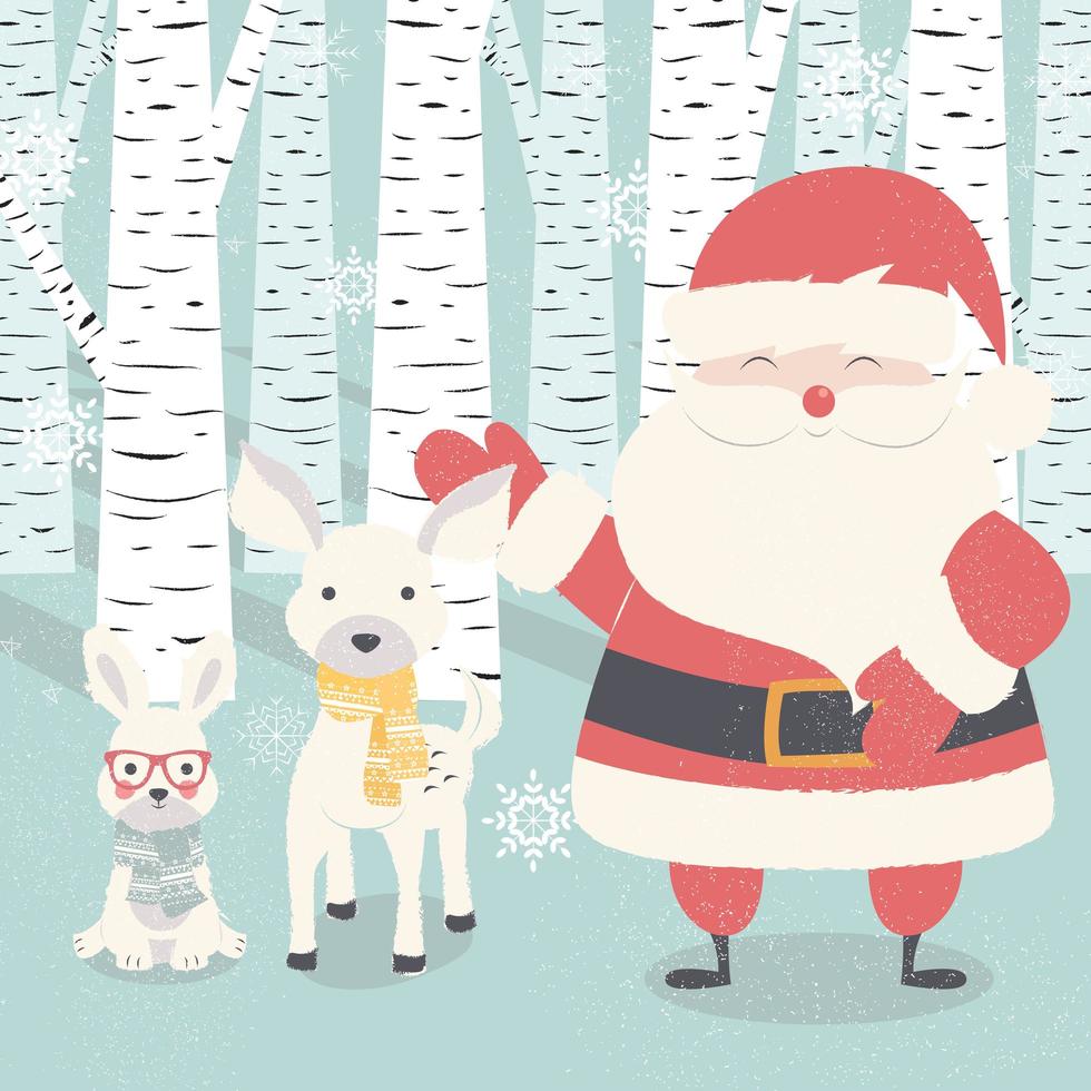 postal de feliz navidad con santa claus, ciervo, conejo en el bosque vector