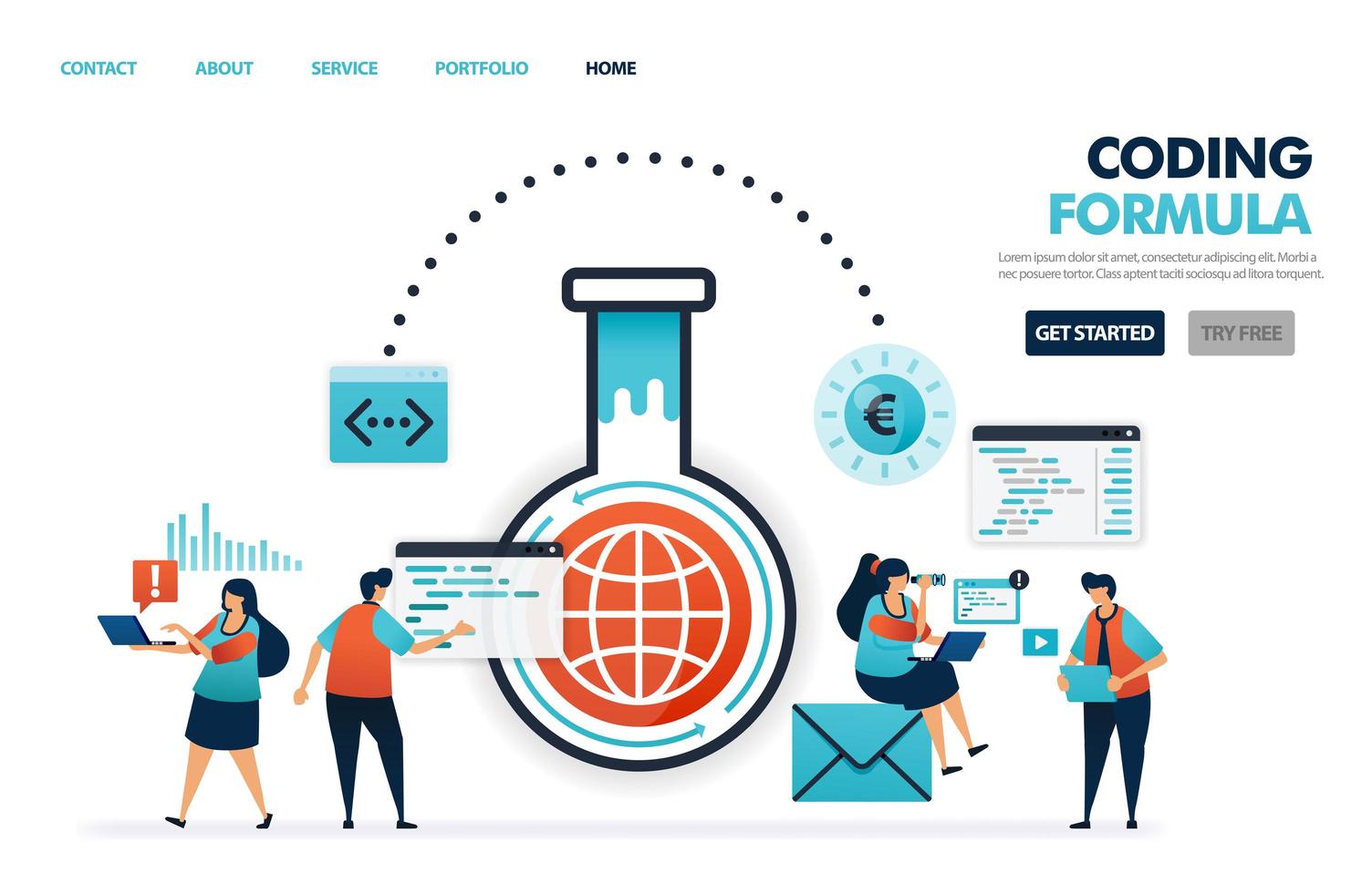 formulas in coding and programming software and apps. advances in internet technology industry. engineers research and experiment in digital industry 4.0 illustration for website, mobile apps, poster vector