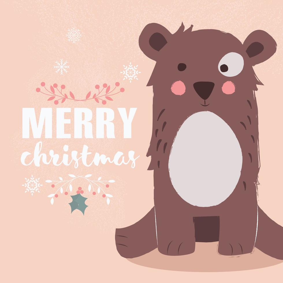 Cute brown bear on pink background and Merry Christmas lettering vector