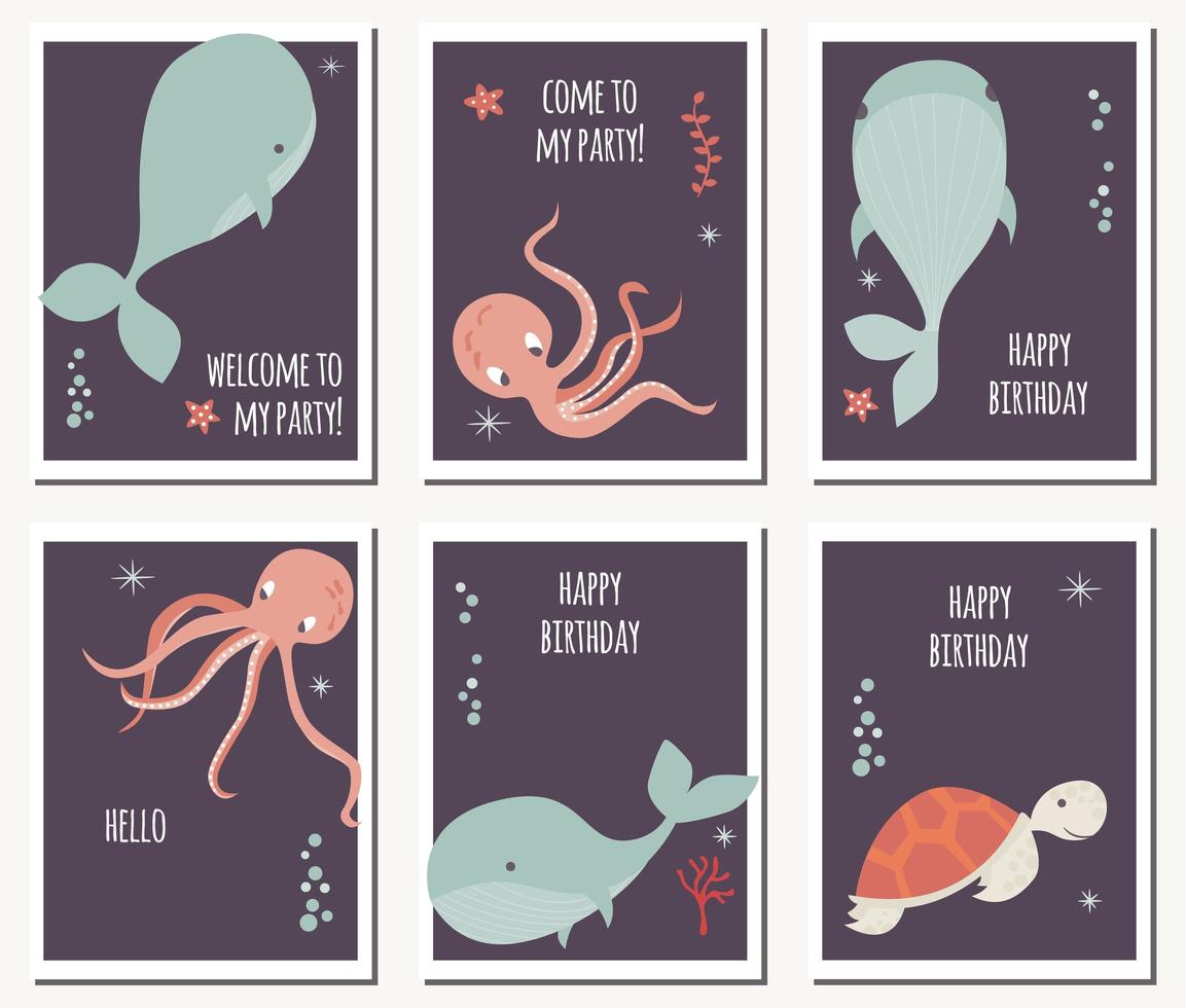 Set of six cards with underwater animals and birthday messages vector