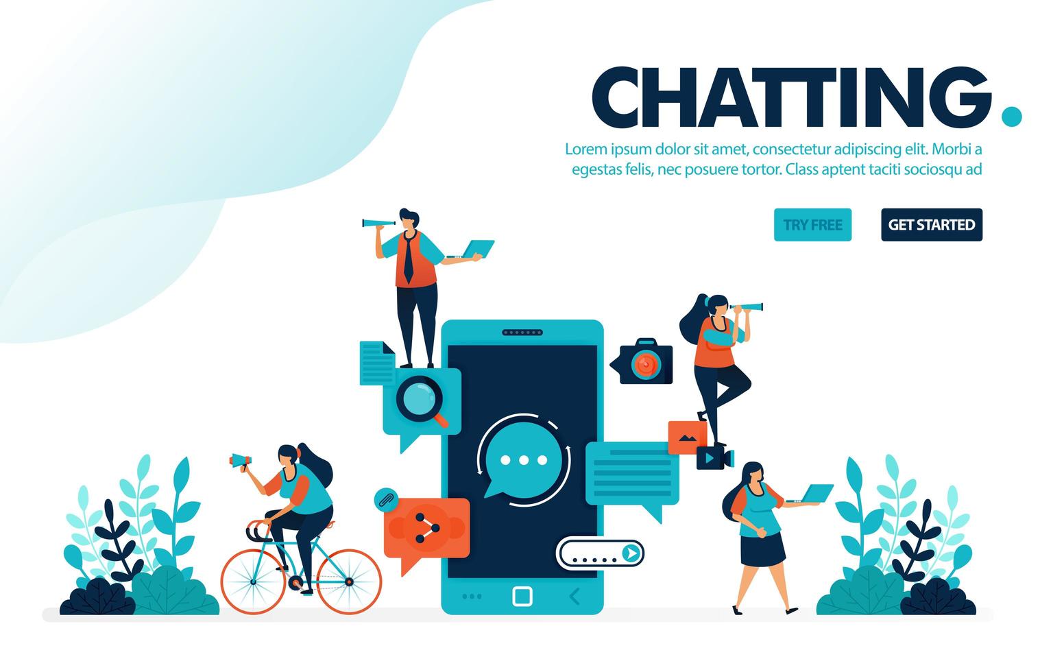 Vector illustration chat apps. People chatting with mobile application. Chat apps for communication, sending and receiving messages. Designed for landing page, web, banner, template, flyer, poster, ui