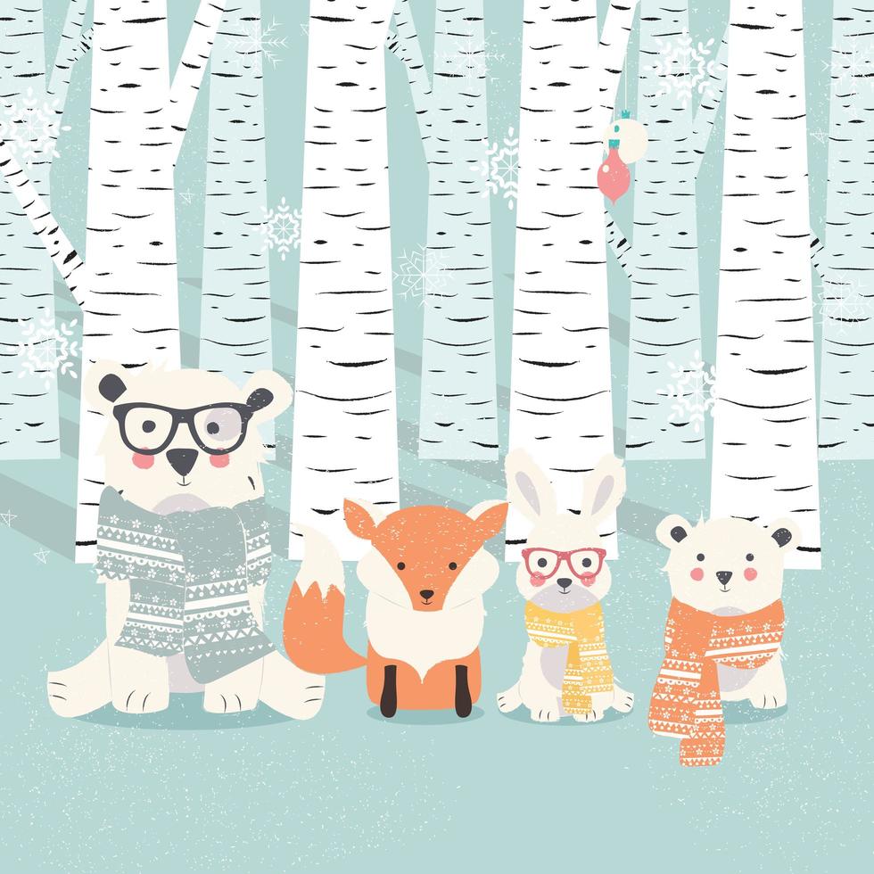 postal de feliz navidad con osos, zorros y conejos en el bosque vector