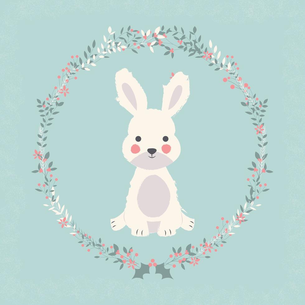 lindo conejito bebé en flor de navidad y corona de rama vector