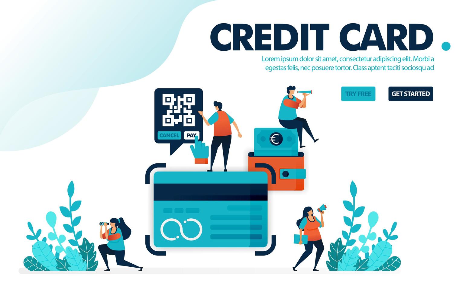 Vector illustration concept of credit card. People apply for credit card loan at bank. Pay bill and installment with a credit card. Designed for landing page, web, banner, template, background, flyer