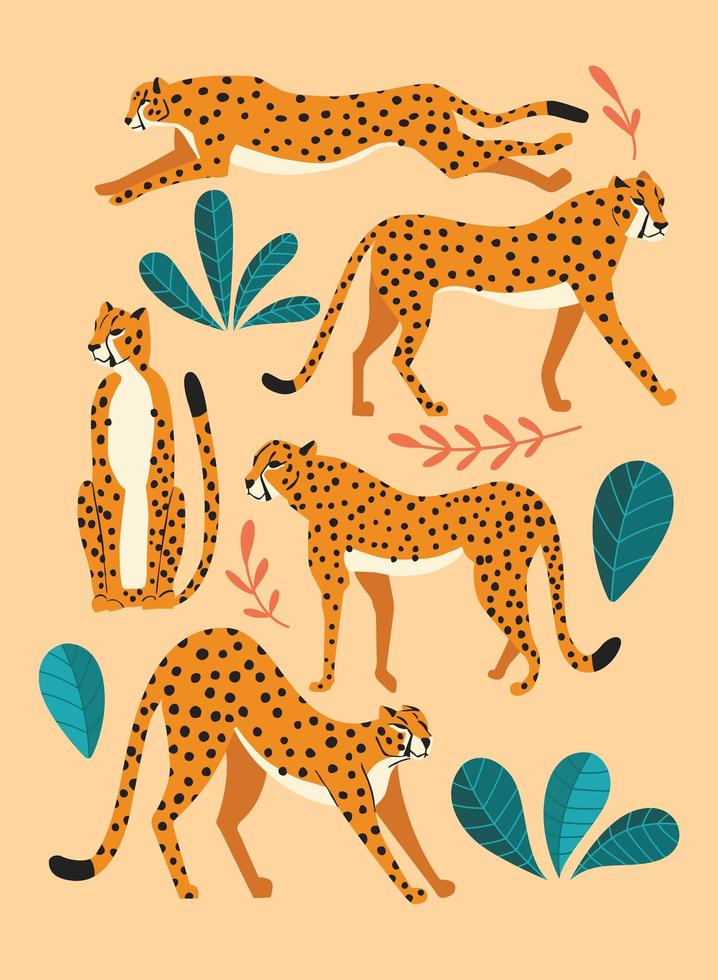 Collection of cute hand drawn cheetahs vector