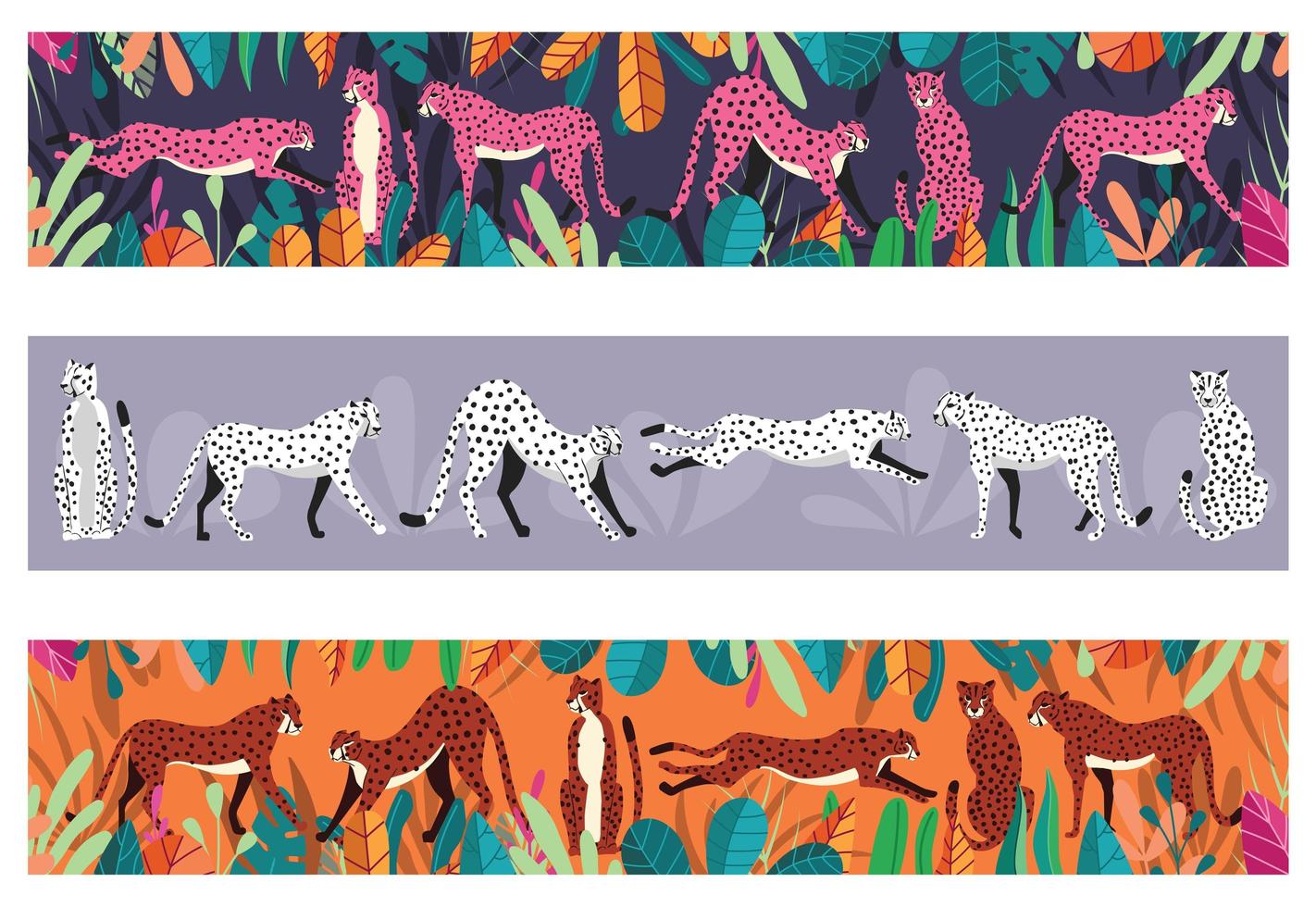 Collection of cute hand drawn cheetahs on horizontal background vector