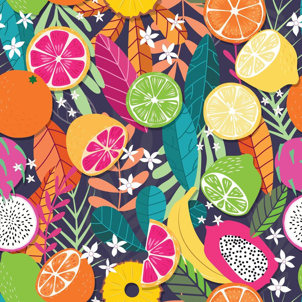 Fruit seamless pattern, collection of exotic tropical fruits with plants and flowers vector