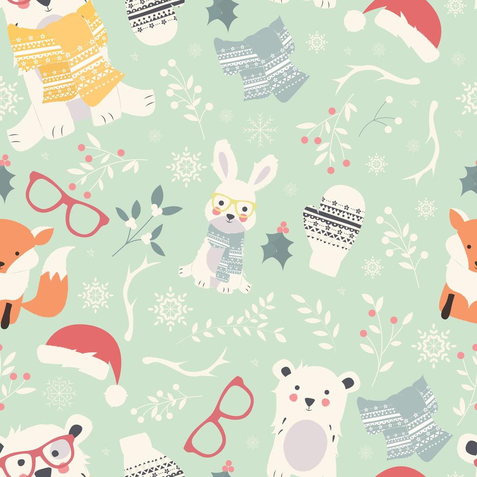 Seamless Merry Christmas patterns with cute polar animals, bears, rabbits, vector