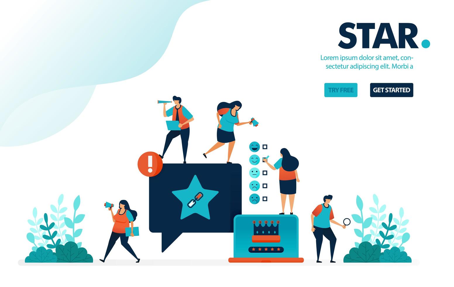 Vector illustration star satisfaction. People give star rank on comments. Social media user satisfaction level on services. Designed for landing page, web, banner, mobile, template, flyer, poster