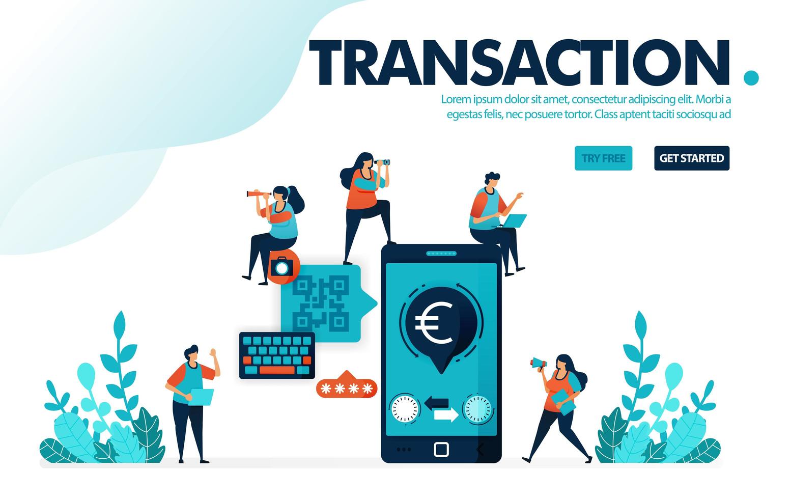 ilustración vectorial banca móvil segura. Transferencias y pagos de facturas con sistema móvil cashless. pago seguro con codigo qr. diseñado para página de destino, web, banner, plantilla, fondo, folleto, cartel vector