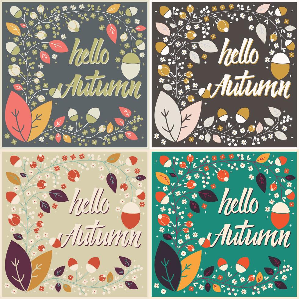 conjunto de diseño de tarjeta de otoño con marco floral y mensaje de tipografía vector